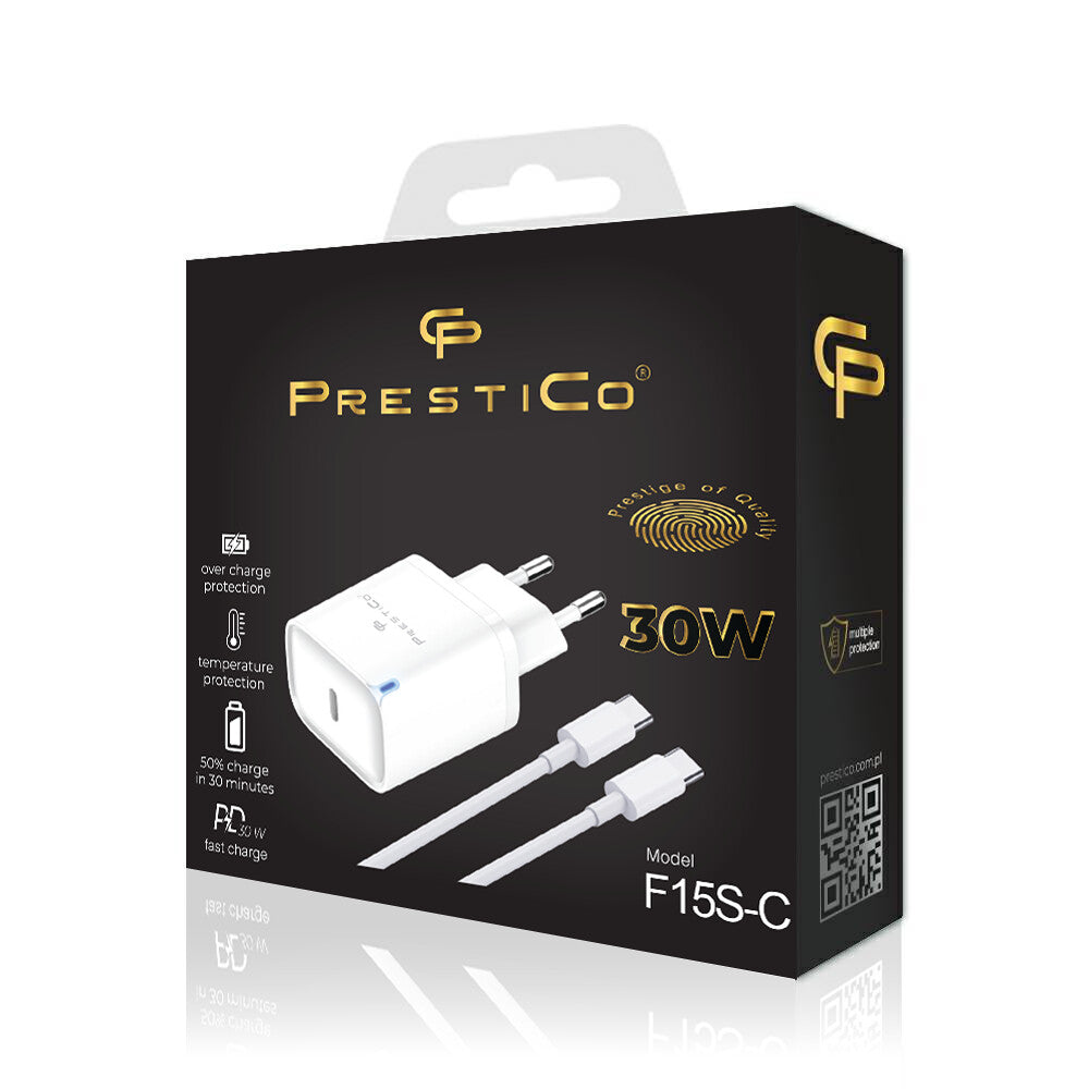 Netzladegerät mit USB-C Kabel Prestico F15S-C, 30W, 3A, 1 x USB-C, Weiß