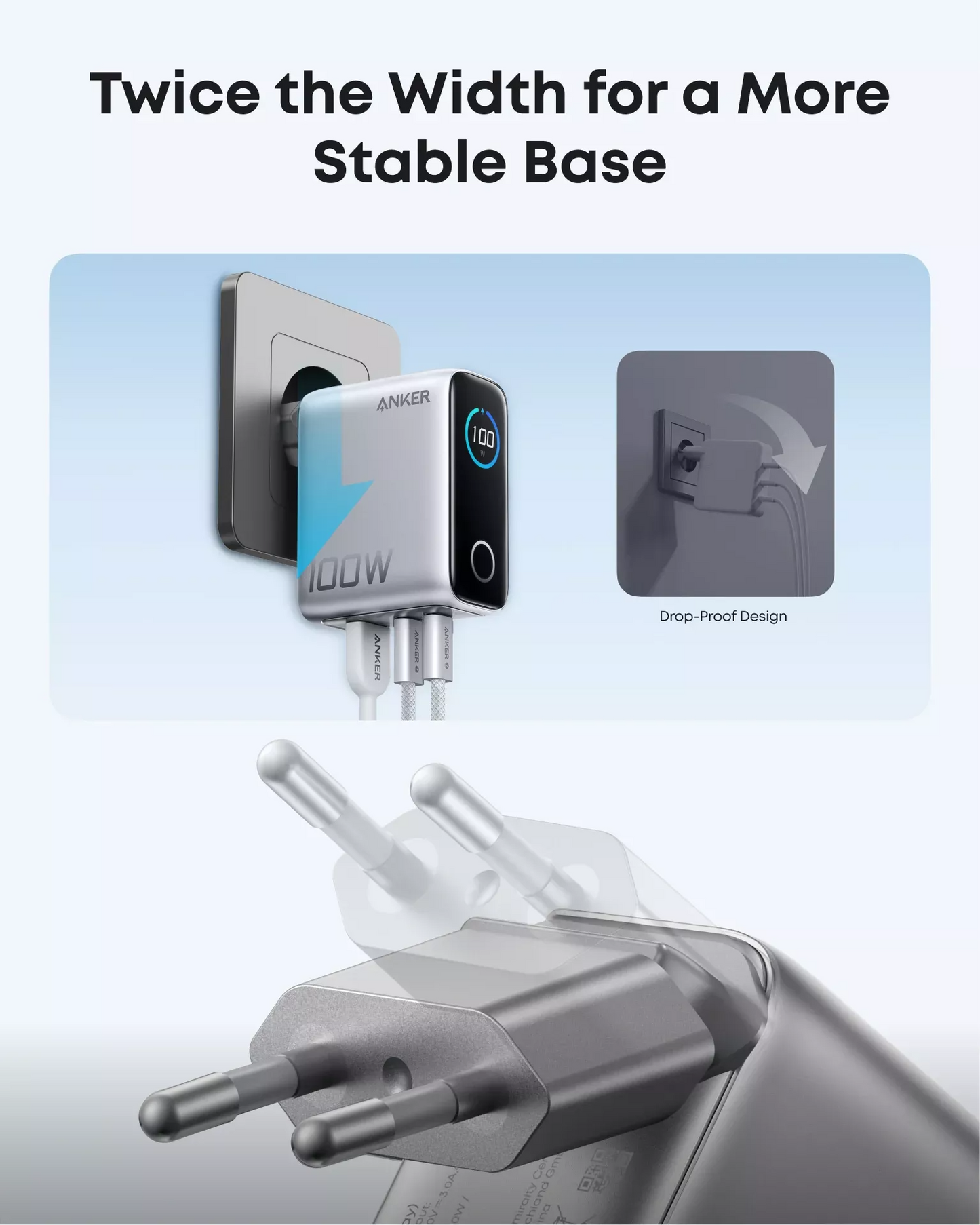 Netzladegerät mit USB-C Kabel Anker Smart Display, 100W, 5A, 1 x USB-A - 2 x USB-C, Silber B121BG41