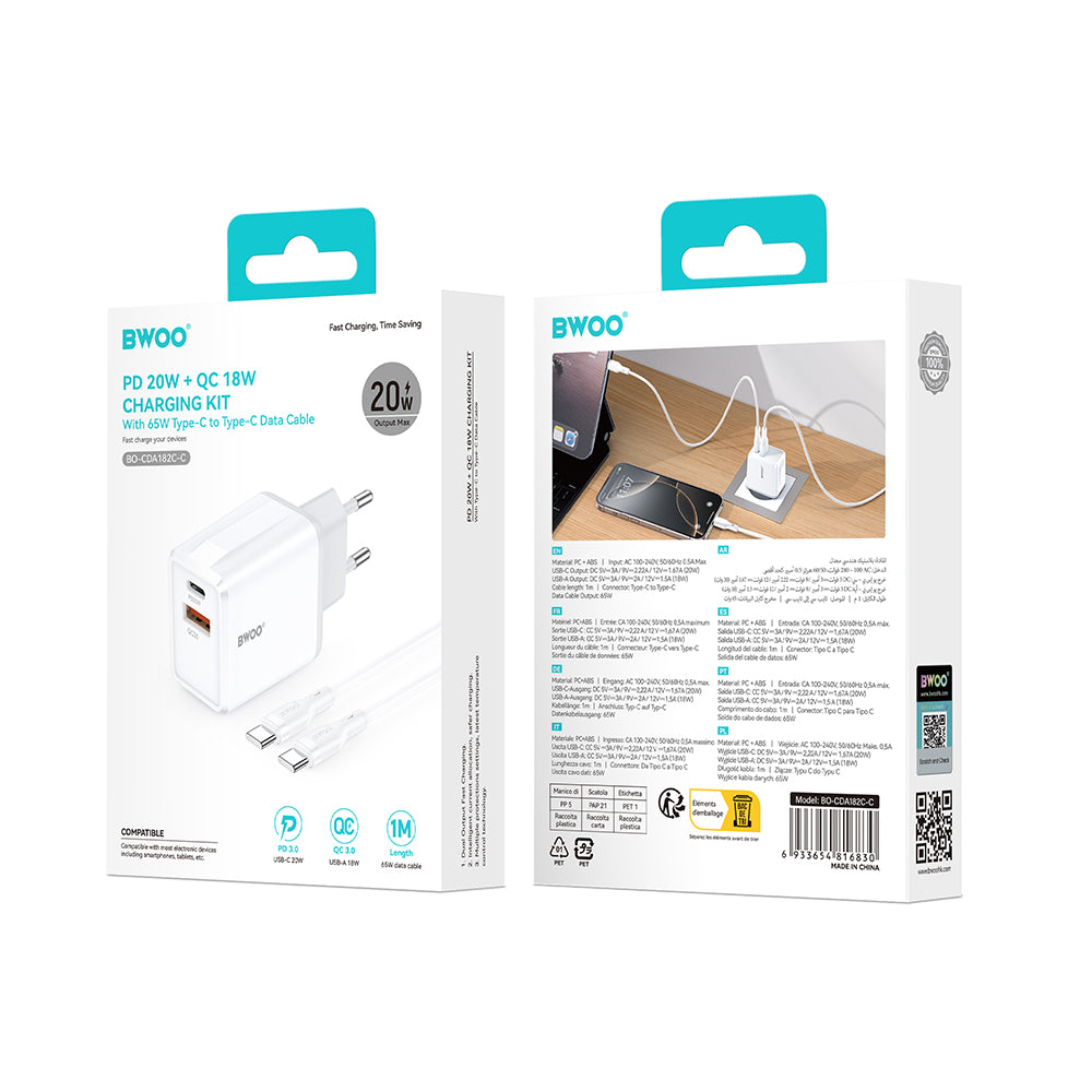 Netzladegerät mit USB-C Kabel BWOO CDA182, 38W, 3A, 1 x USB-A - 1 x USB-C, Weiß