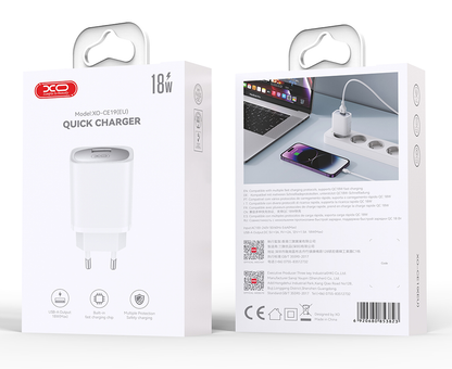 Netzladegerät mit USB-C Kabel XO Design CE19, 18W, 3A, 1 x USB-A, Weiß