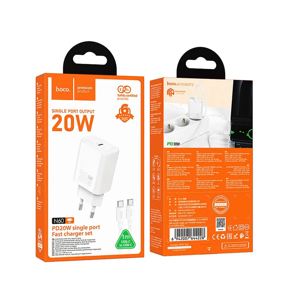 Netzladegerät mit Lightning-Kabel HOCO N60, 20W, 3A, 1 x USB-C, Weiß
