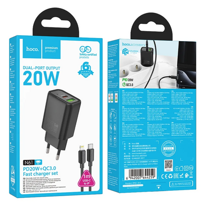 Netzladegerät mit Lightning-Kabel HOCO N61, 20W, 3A, 1 x USB-A - 1 x USB-C, Schwarz