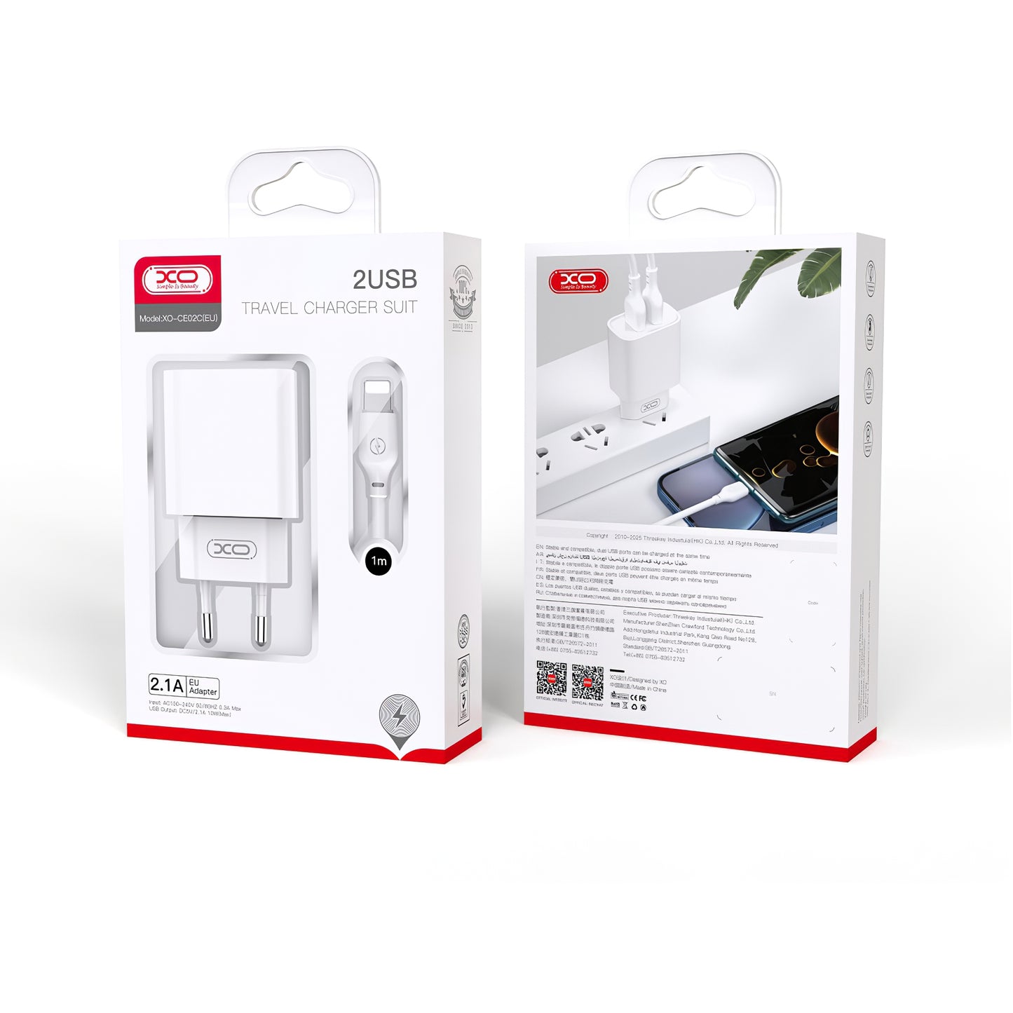 Netzwerk-Ladegerät mit Lightning-Kabel XO Design CE02C, 10.5W, 2.1A, 2 x USB-A, Weiß 