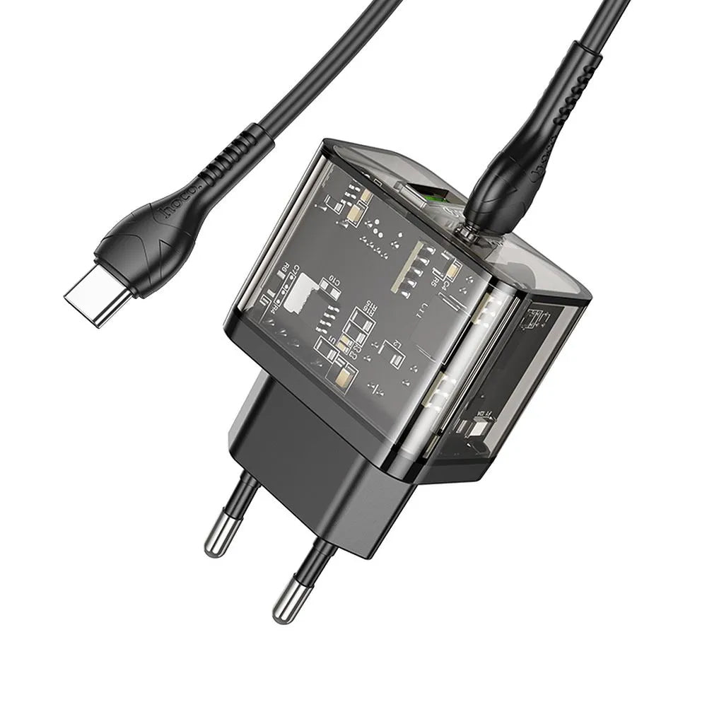 Network Charger with USB-C Cable HOCO N34, 20W, 3A, 1 x USB-A - 1 x USB-C, Transparent