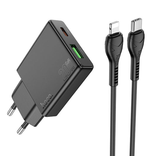 Netzladegerät mit Lightning-Kabel HOCO N38, 20W, 3A, 1 x USB-A - 1 x USB-C, Schwarz