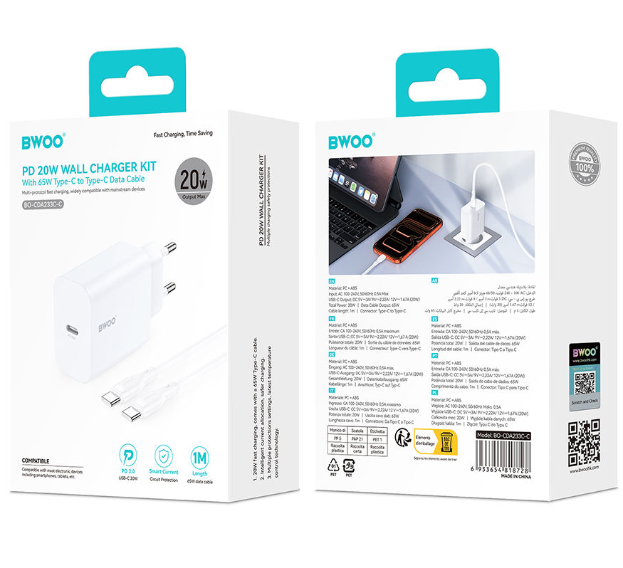 Netzladegerät mit USB-C Kabel BWOO CDA233, 20W, 3A, 1 x USB-C, Weiß