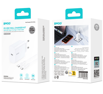 Netzladegerät mit USB-C Kabel BWOO CDA233, 20W, 3A, 1 x USB-C, Weiß