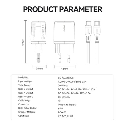 Netzladegerät mit USB-C Kabel BWOO CDA182, 38W, 3A, 1 x USB-A - 1 x USB-C, Weiß