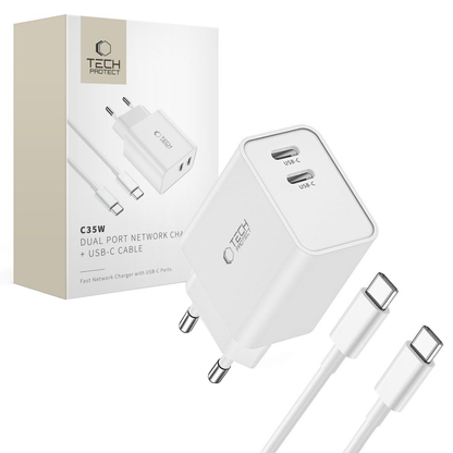 Netzladegerät mit USB-C-Kabel Tech-Protect C35W, 35W, 3A, 2 x USB-C, Weiß