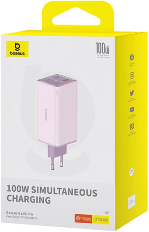 Netzladegerät mit USB-C Kabel Baseus GaN6 Pro, 100W, 3.25A, 2 x USB-A - 2 x USB-C, Lila P10162705532-00