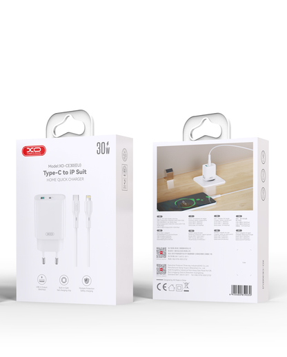 Network Charger with Lightning Cable XO Design CE30, 30W, 3A, 1 x USB-A - 1 x USB-C, White