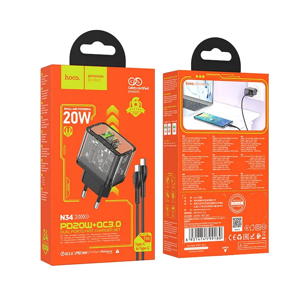 Network Charger with USB-C Cable HOCO N34, 20W, 3A, 1 x USB-A - 1 x USB-C, Transparent