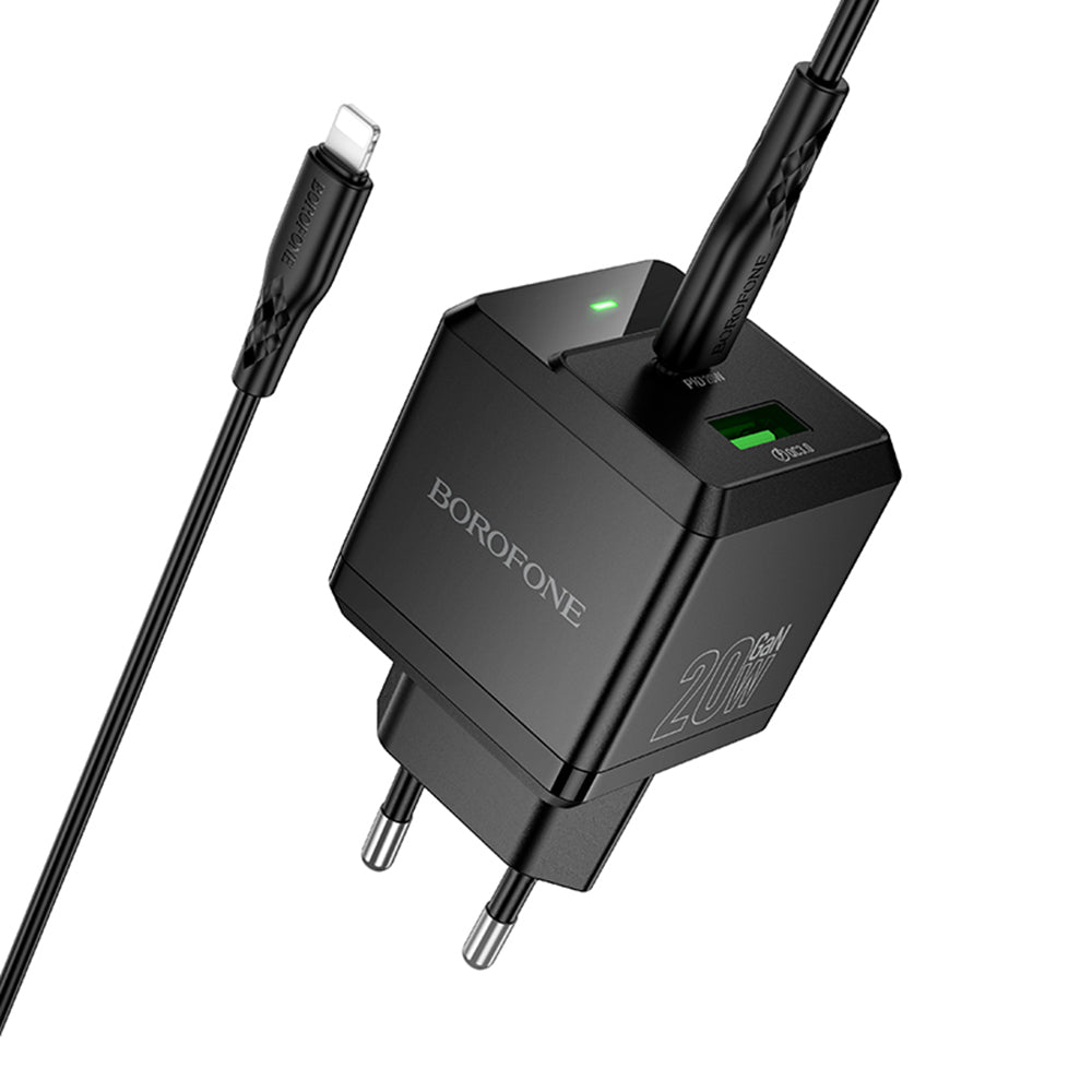 Network Charger with Lightning Cable Borofone BN19 Intenso, 20W, 3A, 1 x USB-A - 1 x USB-C, Black