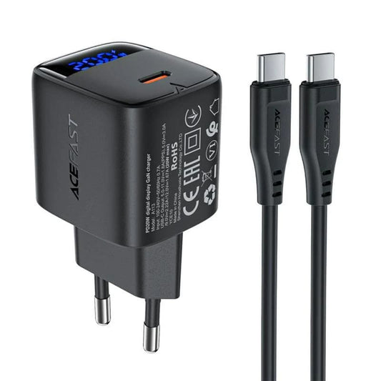 Acefast A113 USB-C Network Charger with Display, 20W, 3A, 1 x USB-C, Black