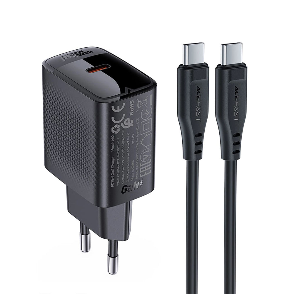 Netzladegerät mit USB-C Kabel Acefast A82, 20W, 3A, 1 x USB-C, Schwarz