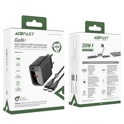 Netzladegerät mit USB-C Kabel Acefast A82, 20W, 3A, 1 x USB-C, Schwarz