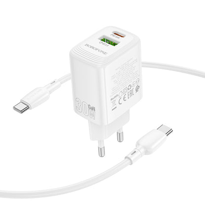 Netzladegerät mit USB-C Kabel Borofone BN29 Fuente, 30W, 3A, 1 x USB-A - 1 x USB-C, Weiß
