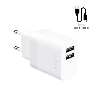 Netzladegerät mit USB-C Kabel Fixed, 17W, 3A, 2 x USB-A, Weiß