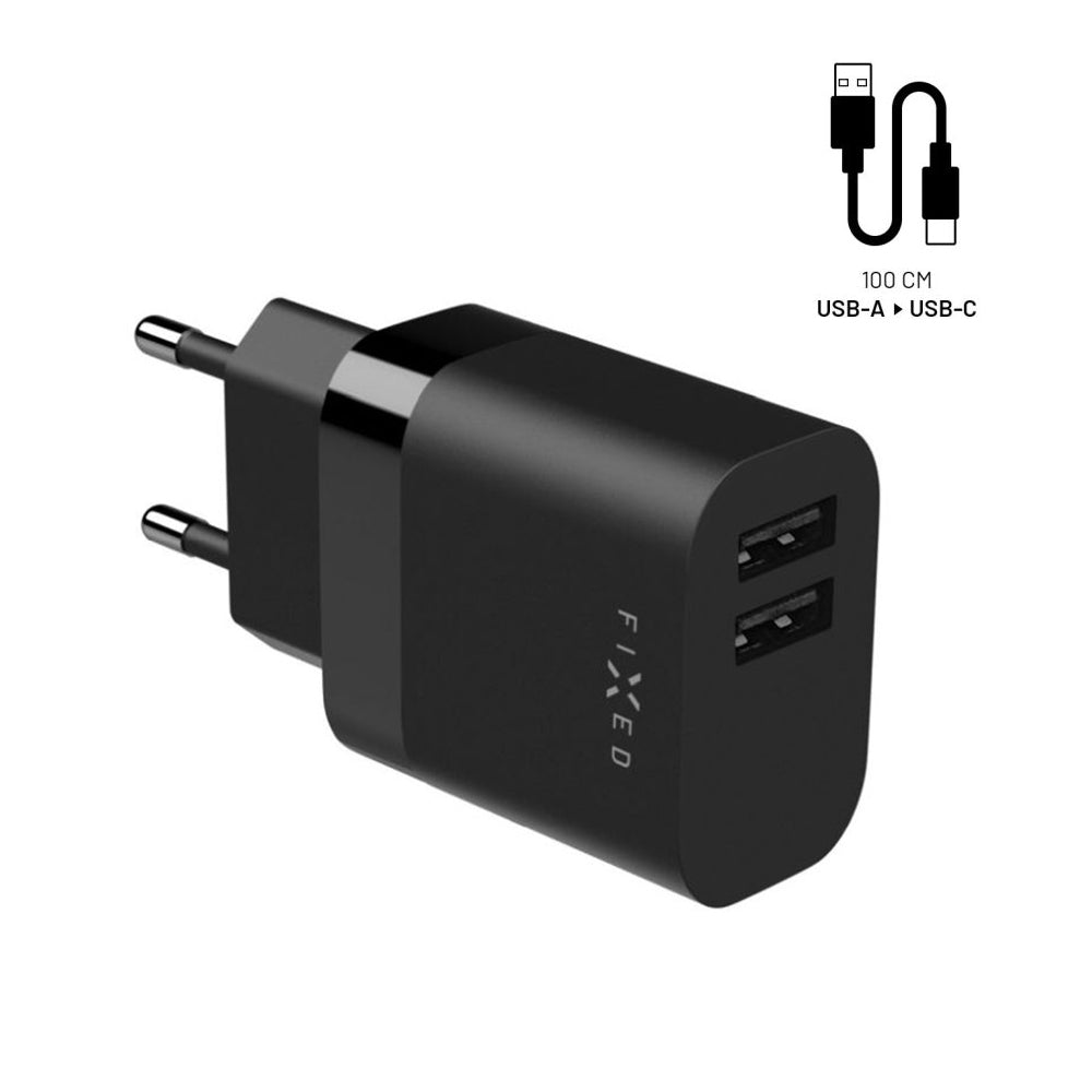Netzladegerät mit USB-C Kabel Fixed, 17W, 3A, 2 x USB-A, Schwarz