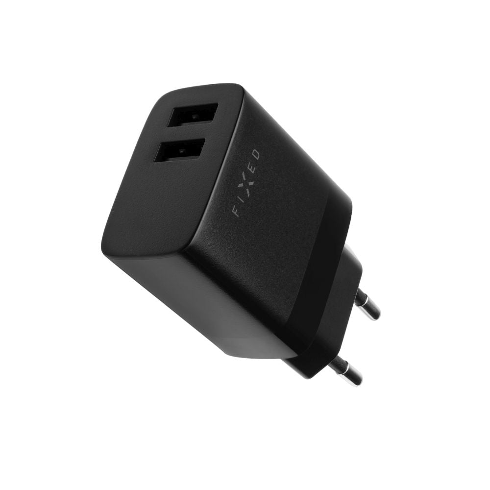 Netzladegerät mit USB-C Kabel Fixed, 17W, 3A, 2 x USB-A, Schwarz