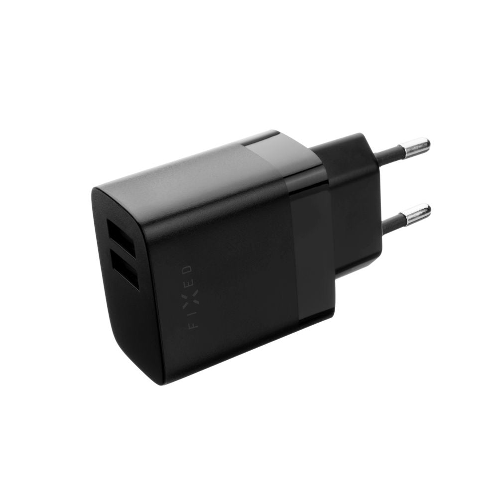 Netzladegerät mit USB-C Kabel Fixed, 17W, 3A, 2 x USB-A, Schwarz