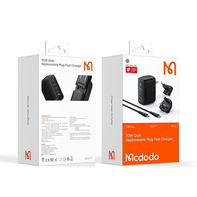Netzladegerät mit USB-C Kabel McDodo CH-8442 Mecha Travel, 65W, 5A, 1 x USB-A - 2 x USB-C, Schwarz