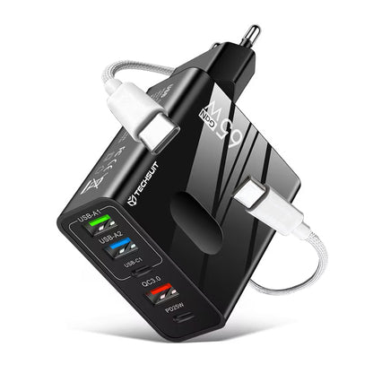 Netzladegerät mit USB-C Kabel Techsuit CHC1 PentaXPower, 25W, 3A, 3 x USB-A - 2 x USB-C, Schwarz
