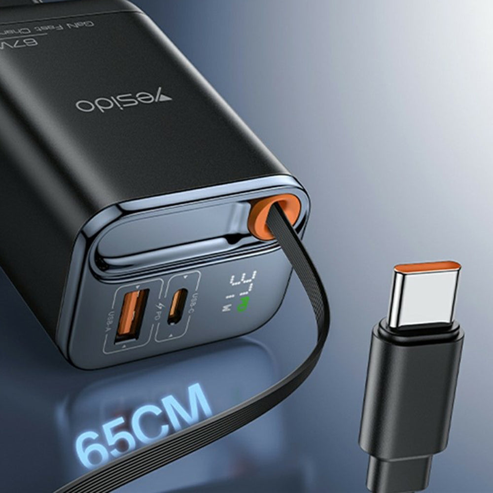 Yesido YC100 Display USB-C Network Charger with Cable, 67W, 3.35A, 1 x USB-A - 1 x USB-C, Black