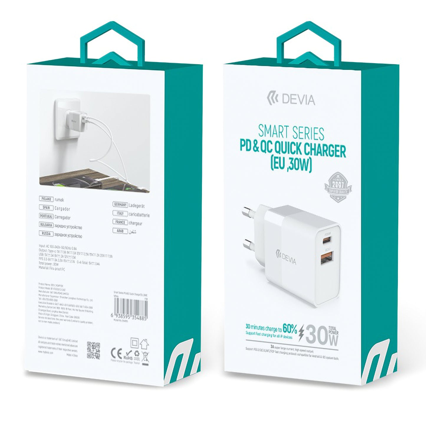 Network Charger DEVIA RLC-389, 30W, 3A, 1 x USB-A - 1 x USB-C, White 