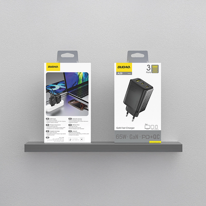 Dudao A29 Network Charger, 65W, 1 x USB-A - 2 x USB-C, Black