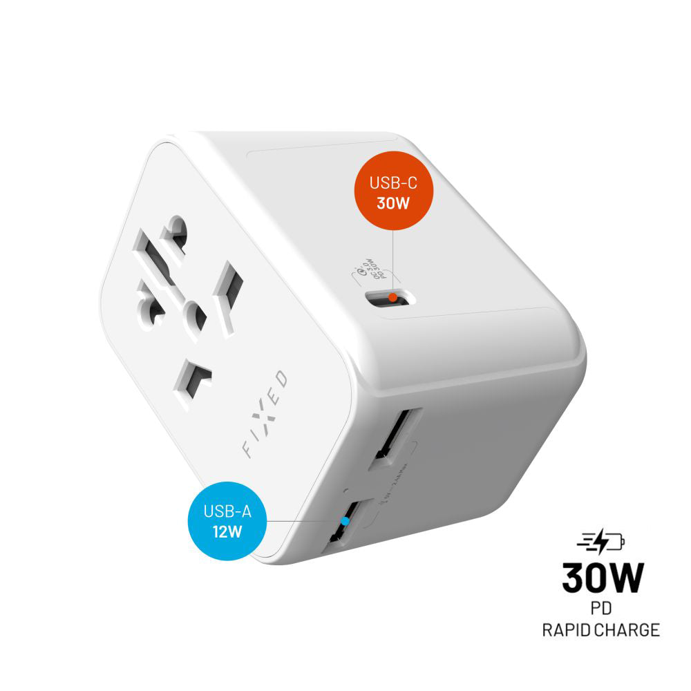 Fixed Travel Network Charger, 30W, 3A, 2 x USB-A - 1 x USB-C, White