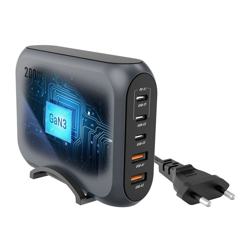 Network Charger Forcell F-ENERGY GaN III VT-51, 200W, 5A, 2 x USB-A - 3 x USB-C, Grey 