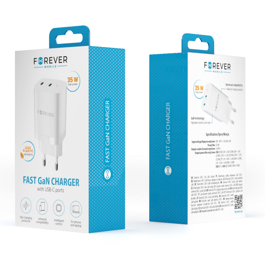 Netzladegerät Forever TC-05-35CC, 35W, 3A, 2 x USB-C, Weiß