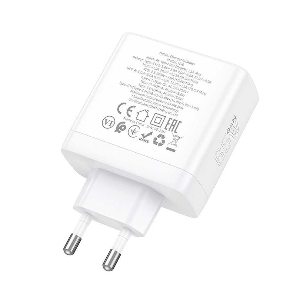 Netzladegerät HOCO N30, 65W, 3.25A, 1 x USB-A - 2 x USB-C, Weiß