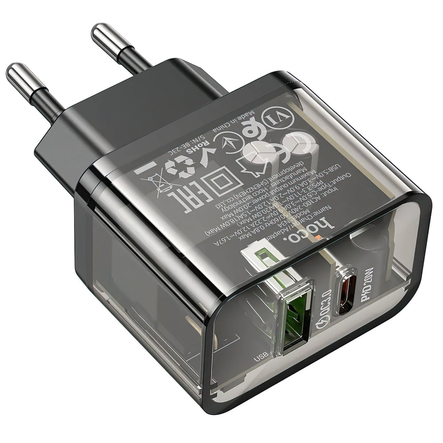 Netzladegerät HOCO N34, 20W, 3A, 1 x USB-A - 1 x USB-C, Transparent