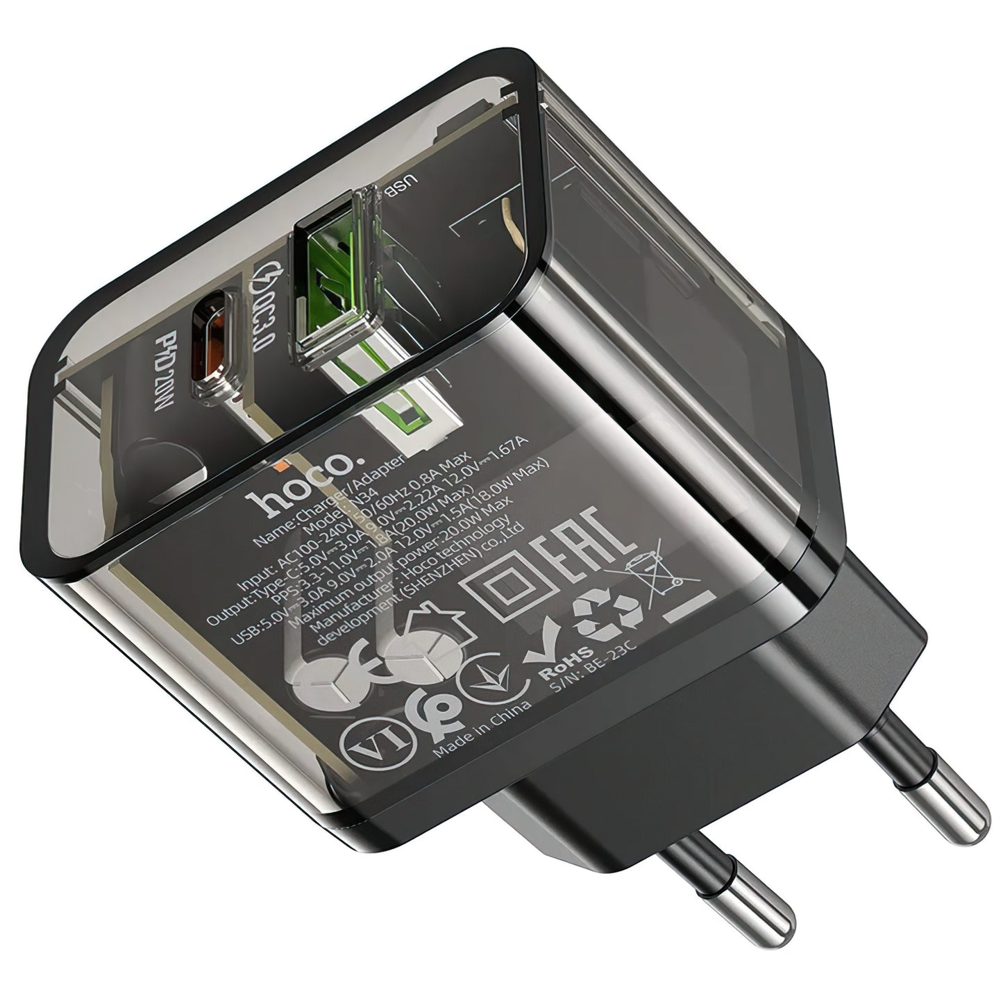 Netzladegerät HOCO N34, 20W, 3A, 1 x USB-A - 1 x USB-C, Transparent