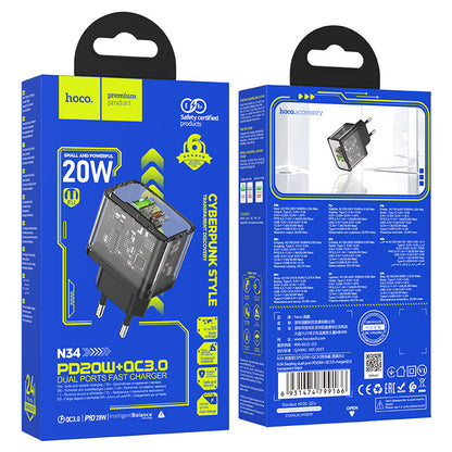 Netzladegerät HOCO N34, 20W, 3A, 1 x USB-A - 1 x USB-C, Transparent