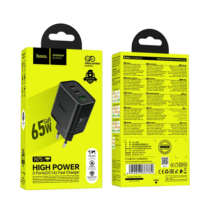 Netzladegerät HOCO N75, 65W, 3A, 1 x USB-A - 2 x USB-C, Schwarz