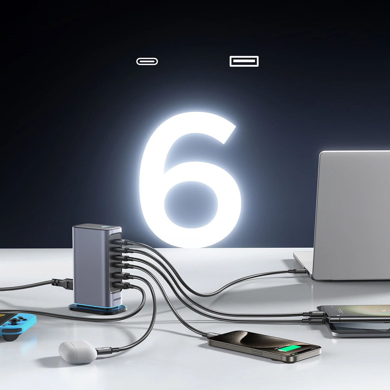 Ladestation Joyroom JR-TCM02, 65W, 3.25A, 2 x USB-A - 4 x USB-C, Grau