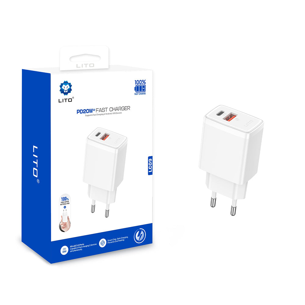 Netzladegerät Lito LC09, 20W, 3A, 1 x USB-A - 1 x USB-C, Weiß