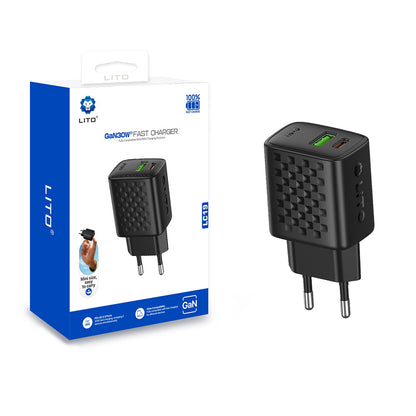 Lito LC19 Network Charger, 30W, 3A, 1 x USB-A - 1 x USB-C, Black