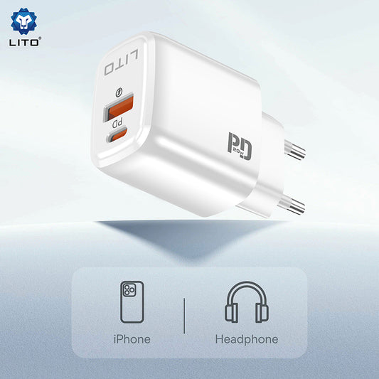 Netzladegerät Lito LC28, 20W, 3A, 1 x USB-A - 1 x USB-C, Weiß