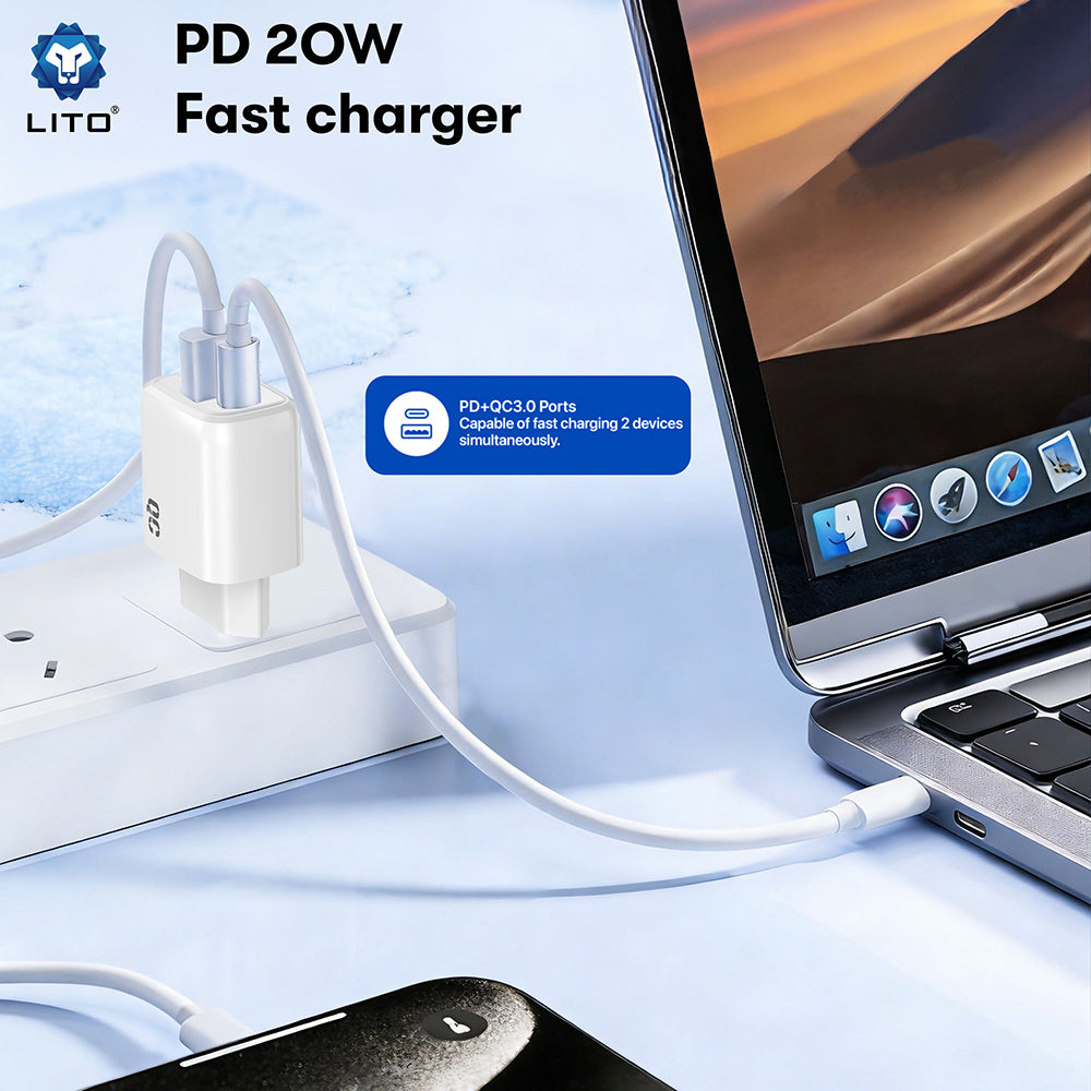 Netzladegerät Lito LC28, 20W, 3A, 1 x USB-A - 1 x USB-C, Weiß