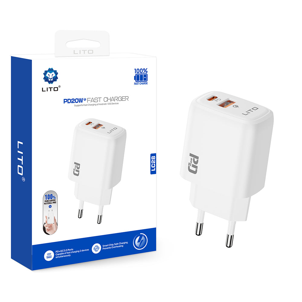 Netzladegerät Lito LC28, 20W, 3A, 1 x USB-A - 1 x USB-C, Weiß
