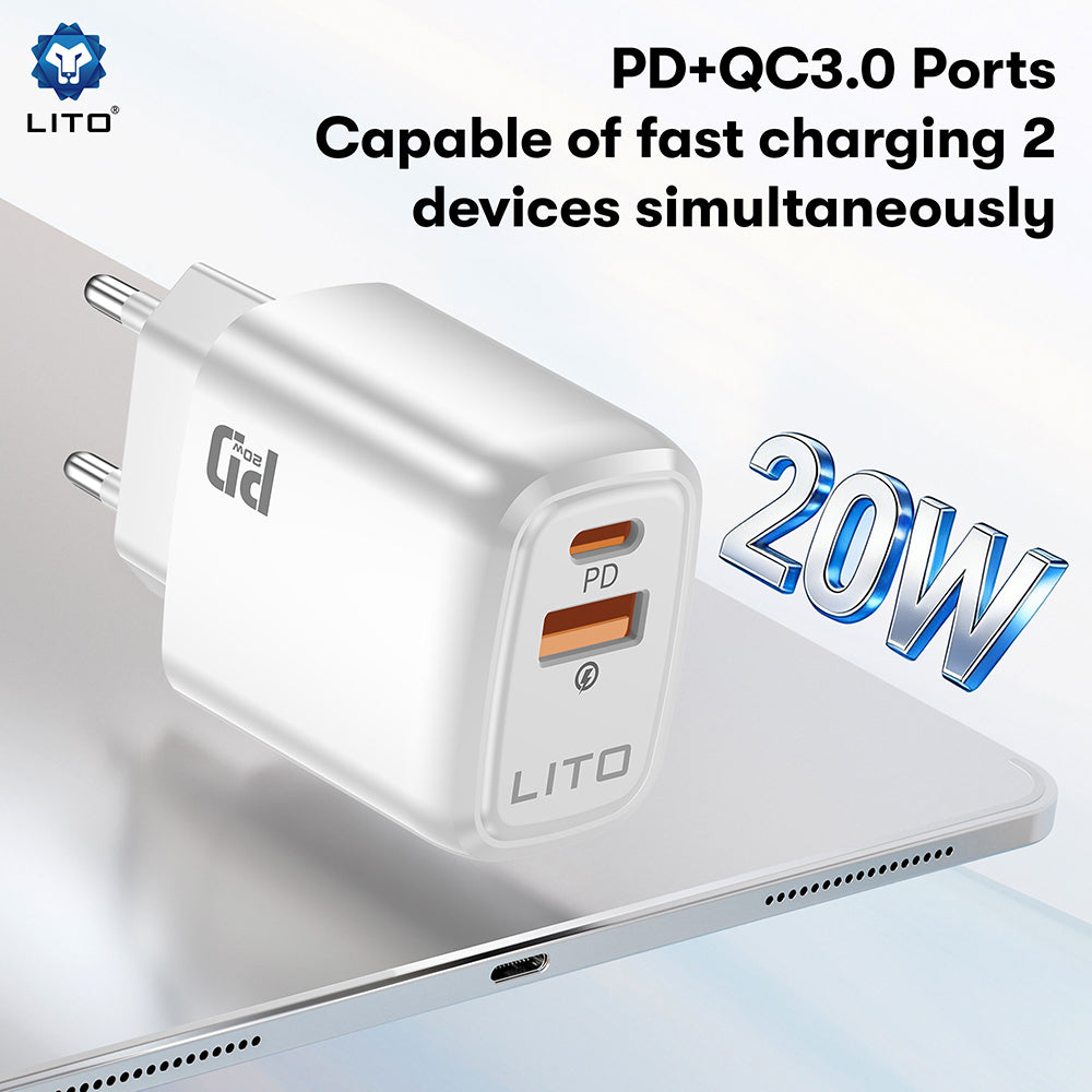 Netzladegerät Lito LC28, 20W, 3A, 1 x USB-A - 1 x USB-C, Weiß