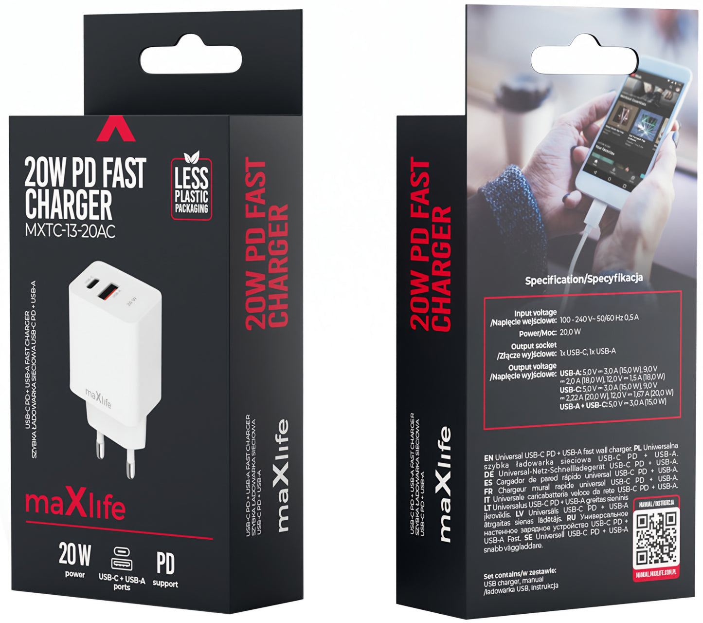 Netzladegerät MaXlife MXTC-13-20AC, 20W, 3A, 1 x USB-A - 1 x USB-C, Weiß