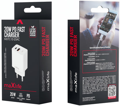 Netzladegerät MaXlife MXTC-13-20AC, 20W, 3A, 1 x USB-A - 1 x USB-C, Weiß