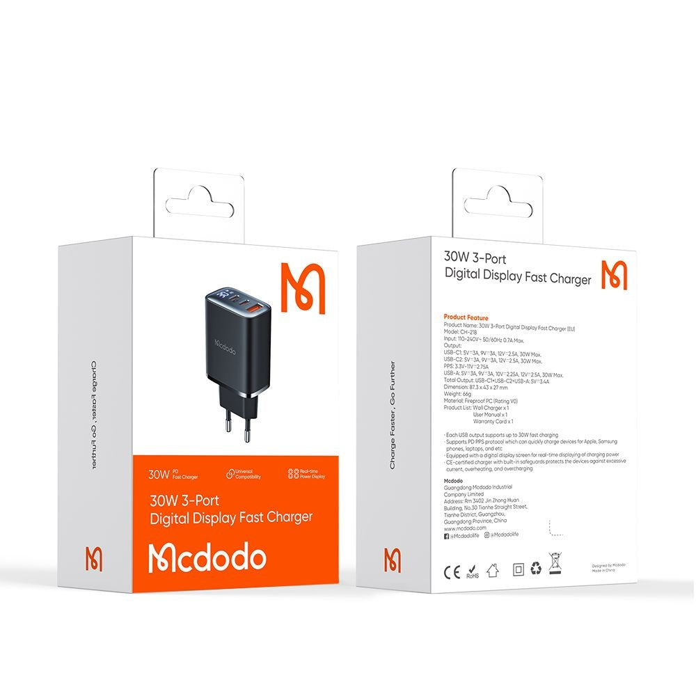 Netzladegerät McDodo CH-2180 Display, 30W, 3A, 1 x USB-A - 2 x USB-C, Schwarz