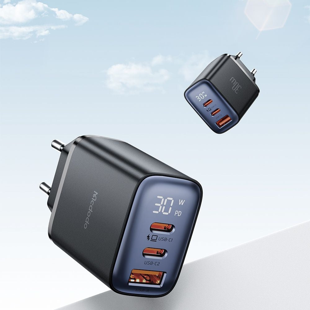 Netzladegerät McDodo CH-2180 Display, 30W, 3A, 1 x USB-A - 2 x USB-C, Schwarz