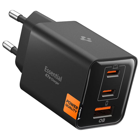 Spigen EE473EU Essential Netzladegerät, 47W, 3A, 1 x USB-A - 2 x USB-C, Schwarz ACH09465